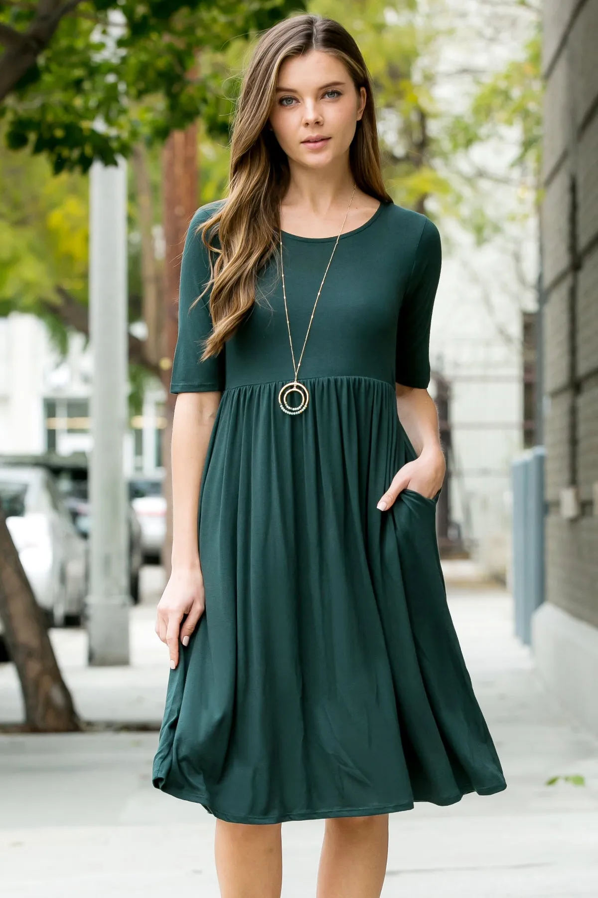 Short Sleeved Empire Waist Pocket Dress
