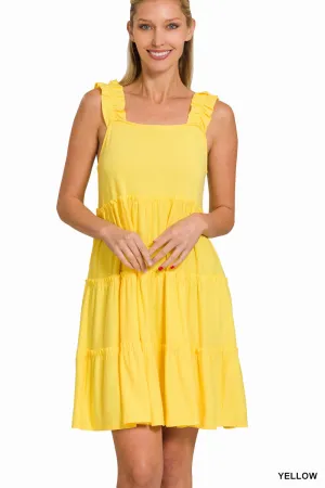 SHOULDER FRILL DETAILED TIERED DRESS-YELLOW