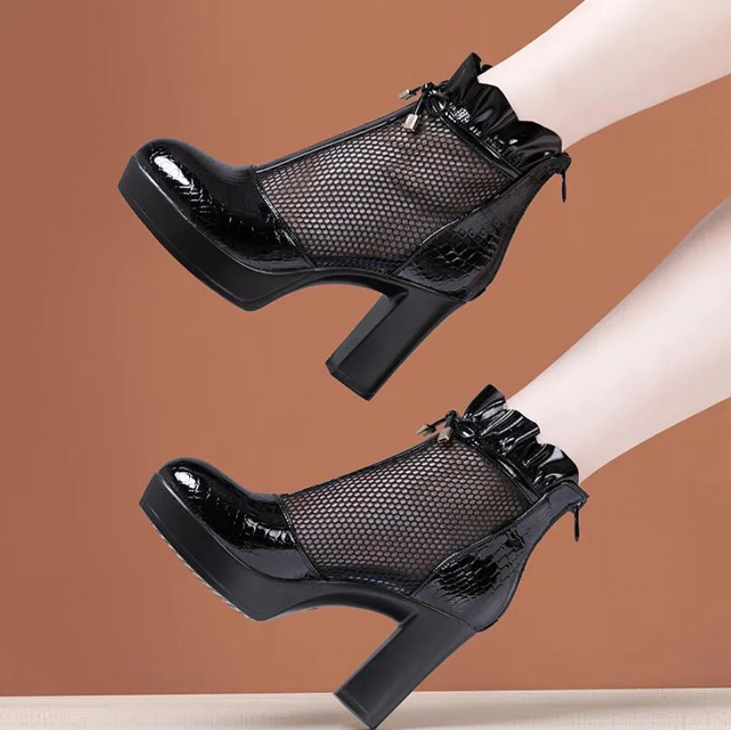 Small Size 2 Chunky Heel Lace Mesh Boots GS382