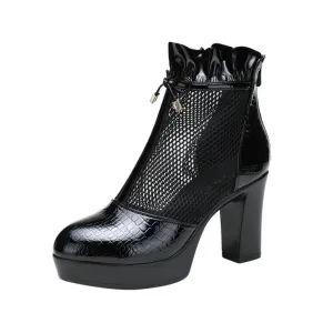 Small Size 2 Chunky Heel Lace Mesh Boots GS382