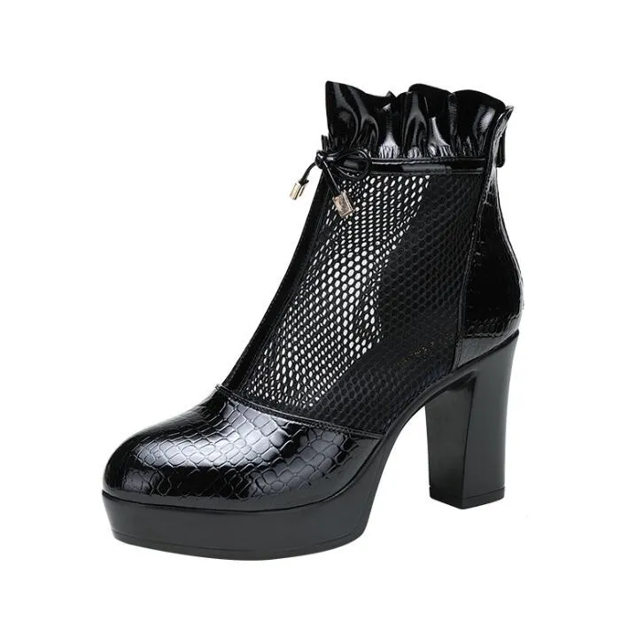 Small Size 2 Chunky Heel Lace Mesh Boots GS382