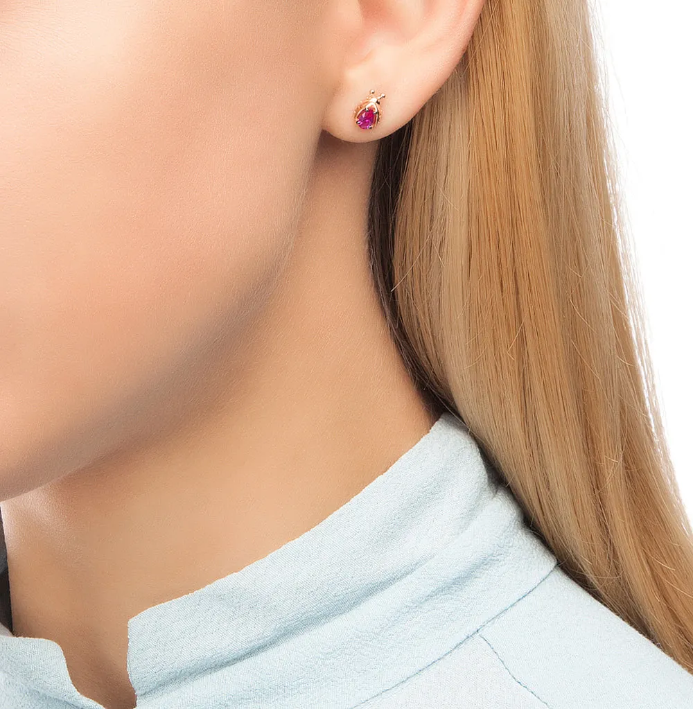 SOKOLOV - Gold Stud Ladybug Earrings With Cubic Zirconia Stones, Pink