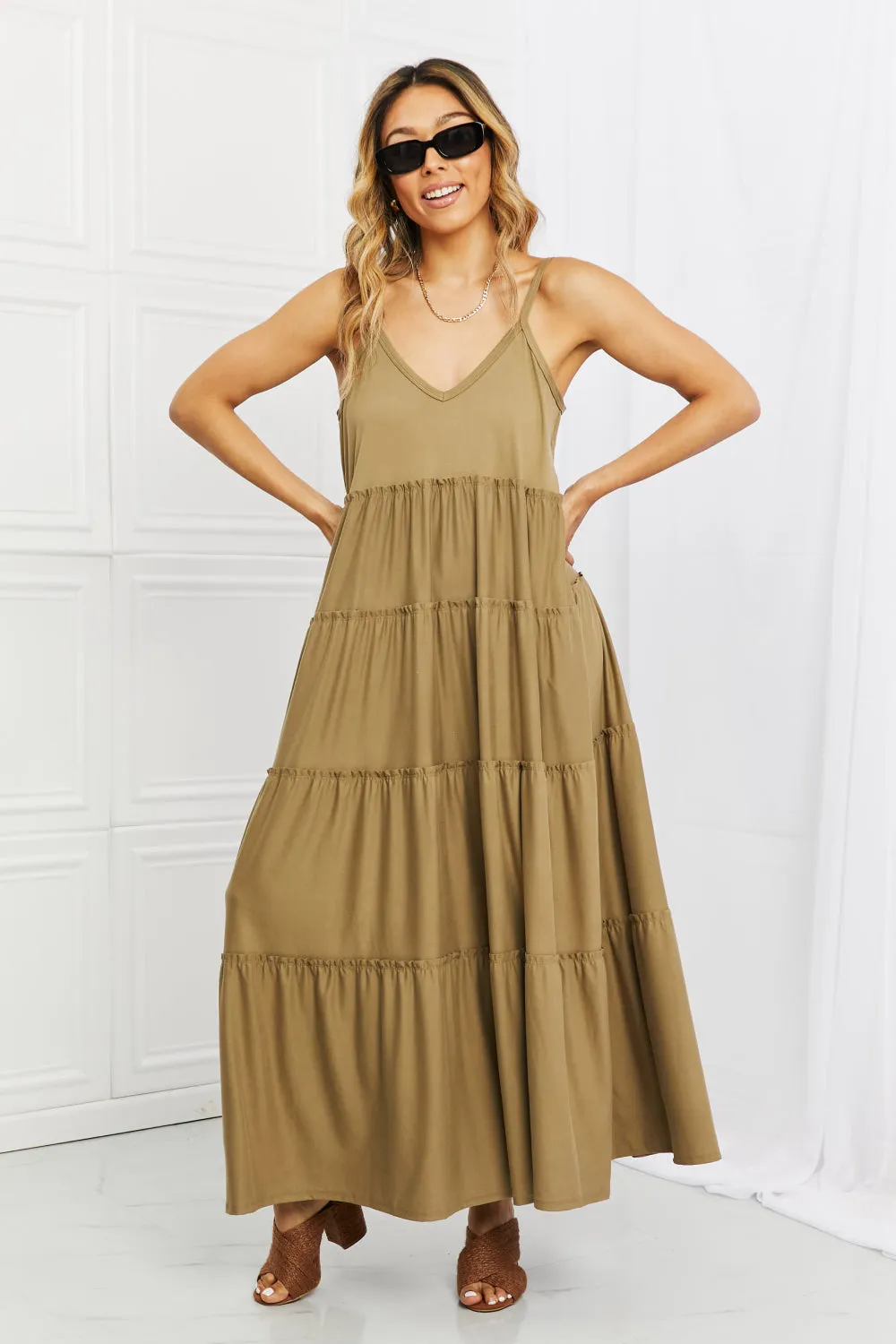 Spaghetti Strap Tiered Dress with Pockets in Khaki
