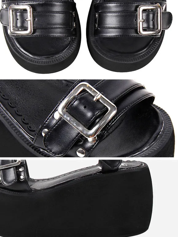 Steampunk Lolita Sandals Open Toe PU Leather Black Lolita Summer Shoes