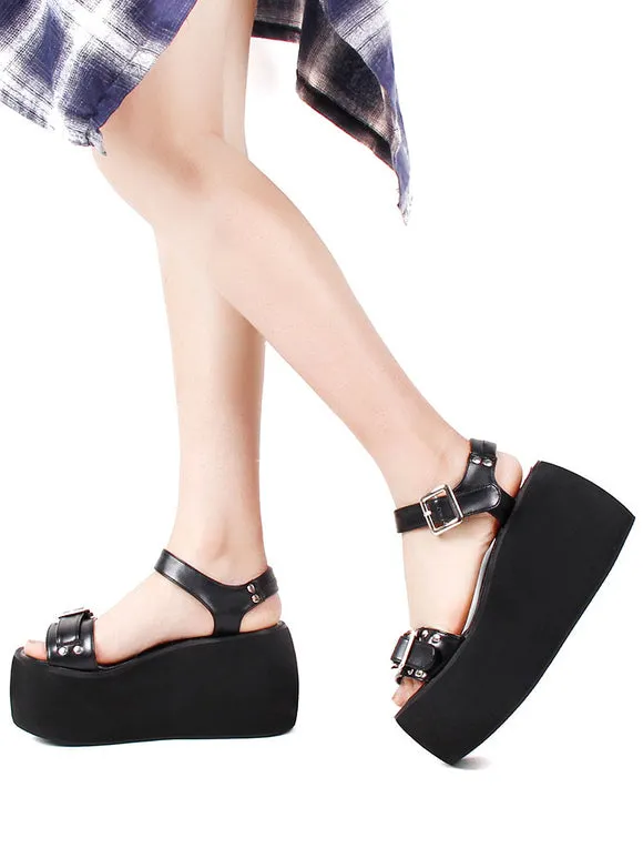 Steampunk Lolita Sandals Open Toe PU Leather Black Lolita Summer Shoes