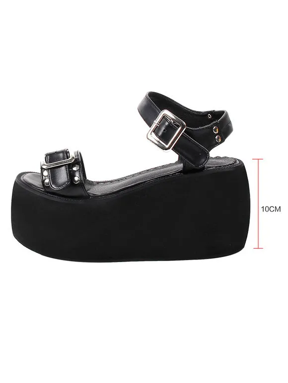 Steampunk Lolita Sandals Open Toe PU Leather Black Lolita Summer Shoes