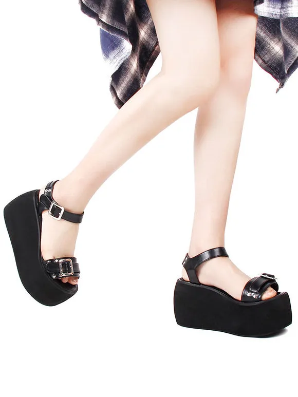 Steampunk Lolita Sandals Open Toe PU Leather Black Lolita Summer Shoes
