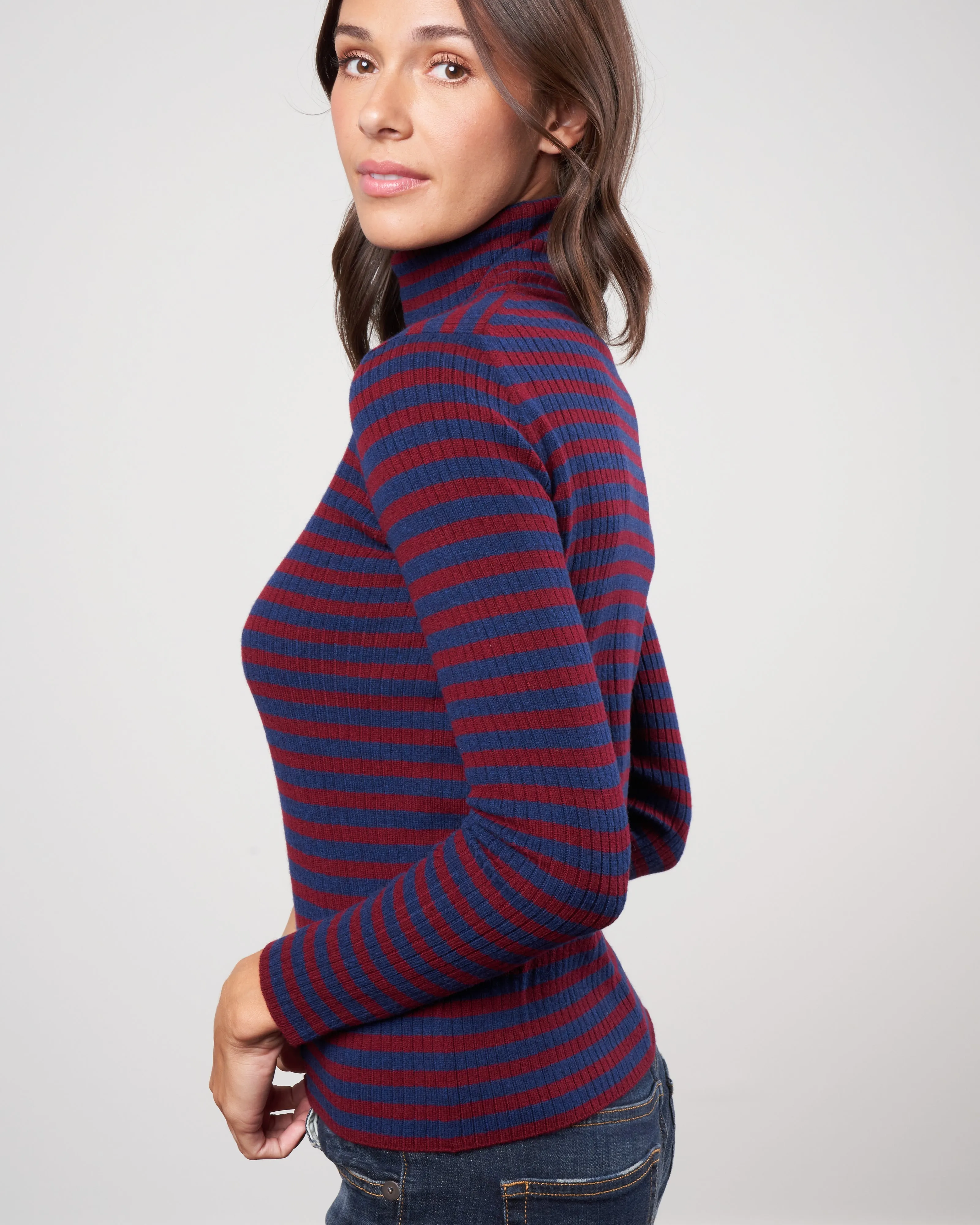 stripes ribbed turtleneck sweater - navy / dark pink