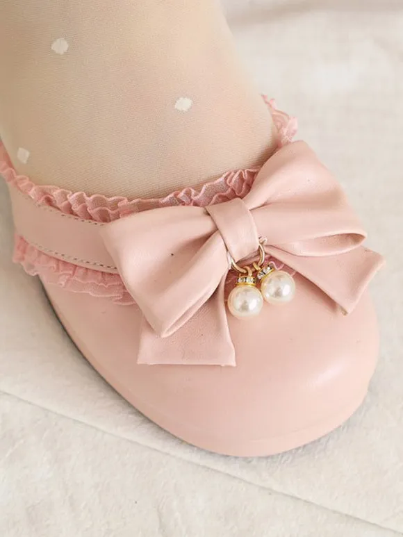 Sweet Lolita Sandals Bows Round Toe Chunky Heel PU Leather Pink Lolita Summer Ankle Strap Heels