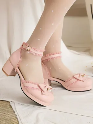 Sweet Lolita Sandals Bows Round Toe Chunky Heel PU Leather Pink Lolita Summer Ankle Strap Heels