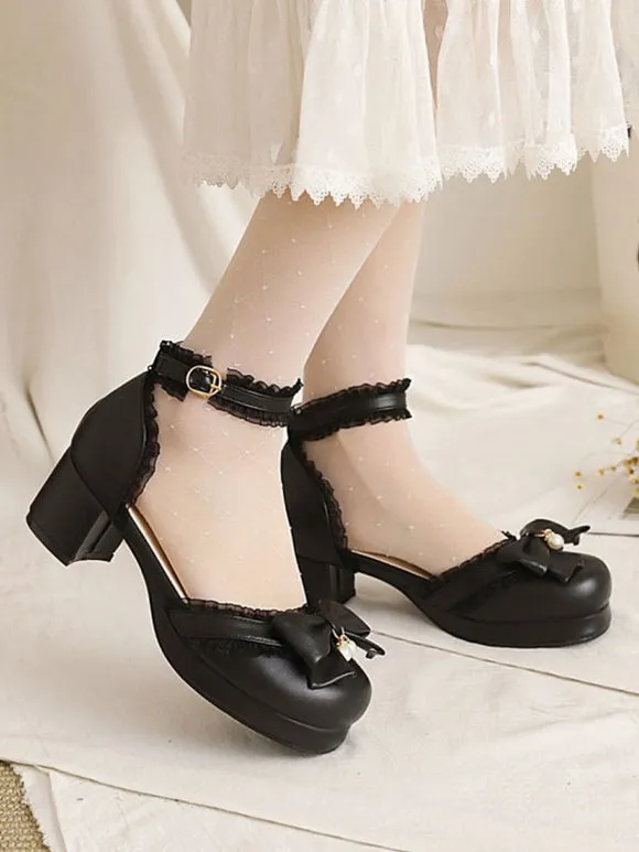 Sweet Lolita Sandals Bows Round Toe Chunky Heel PU Leather Pink Lolita Summer Ankle Strap Heels