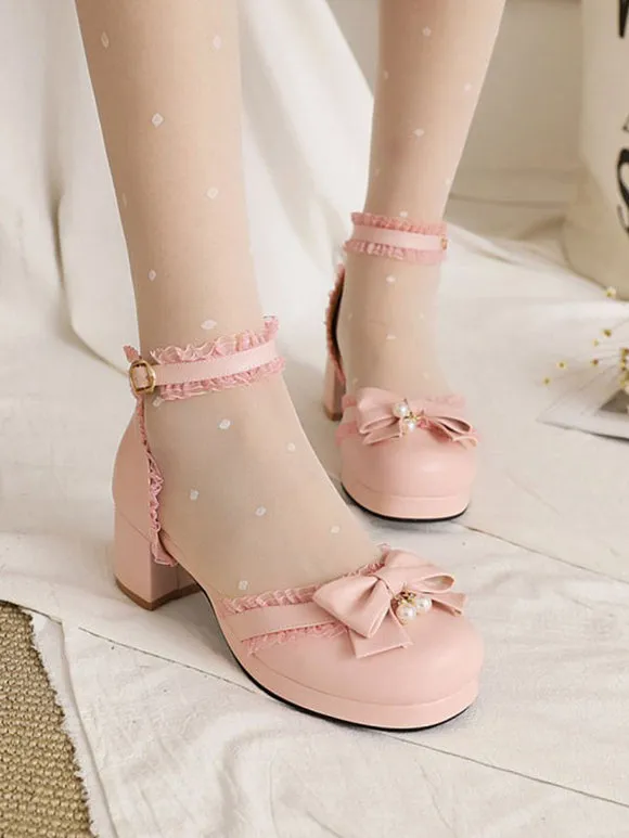 Sweet Lolita Sandals Bows Round Toe Chunky Heel PU Leather Pink Lolita Summer Ankle Strap Heels