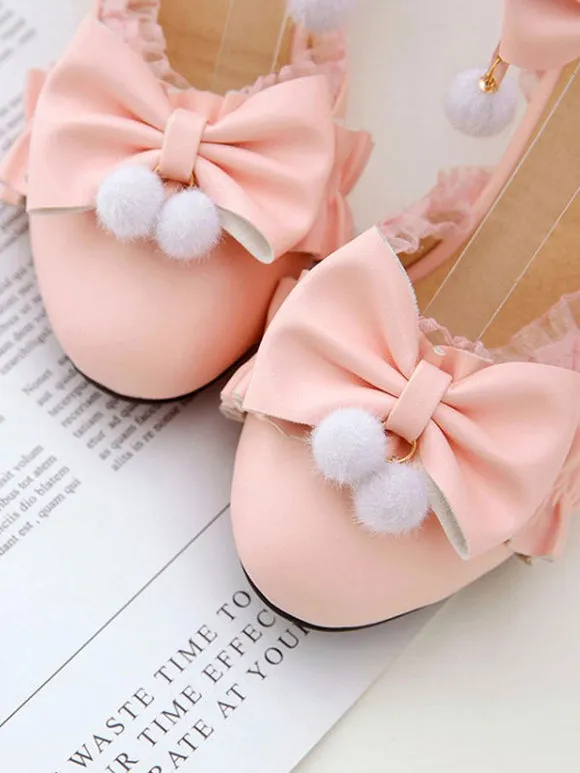 Sweet Lolita Sandals Bows Round Toe PU Leather Chunky Heel Daily Casual Pink Lolita Summer Ankle Strap Heels