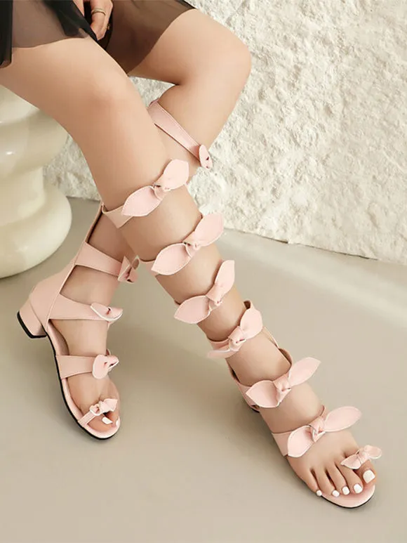 Sweet Lolita Sandals Bows Round Toe PU Leather Pink Lolita Summer Shoes