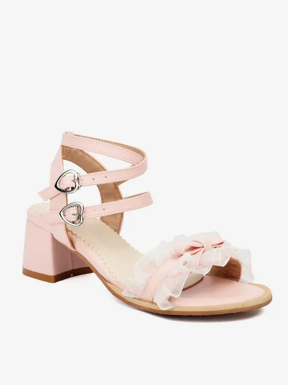 Sweet Lolita Sandals Pink Bows PU Leather Round Toe Lolita Summer Shoes