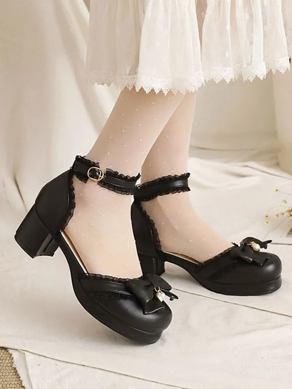 Sweet Lolita Sandals Round Toe Chunky Heel PU Leather Pink Lolita Summer Ankle Strap Heels