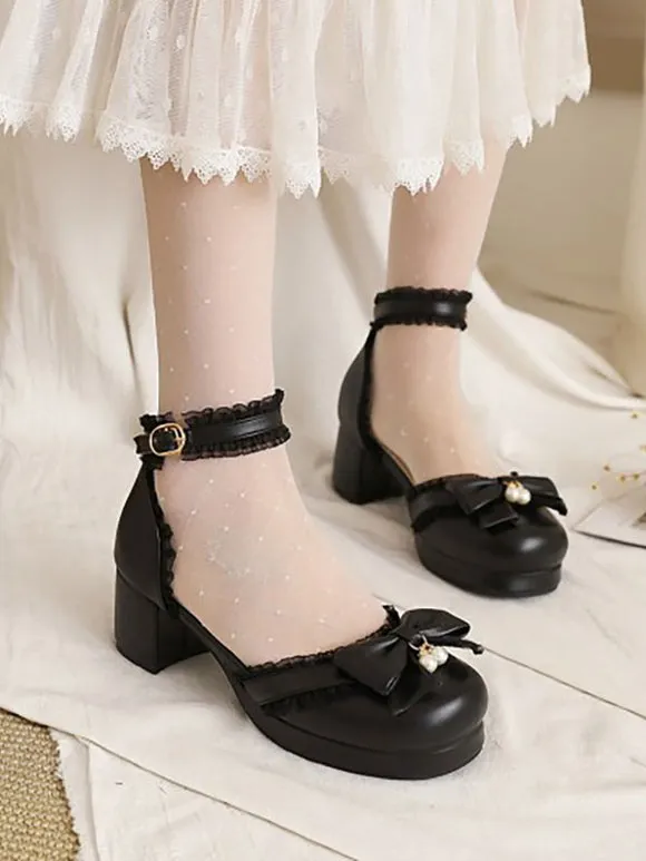 Sweet Lolita Sandals Round Toe Chunky Heel PU Leather Pink Lolita Summer Ankle Strap Heels