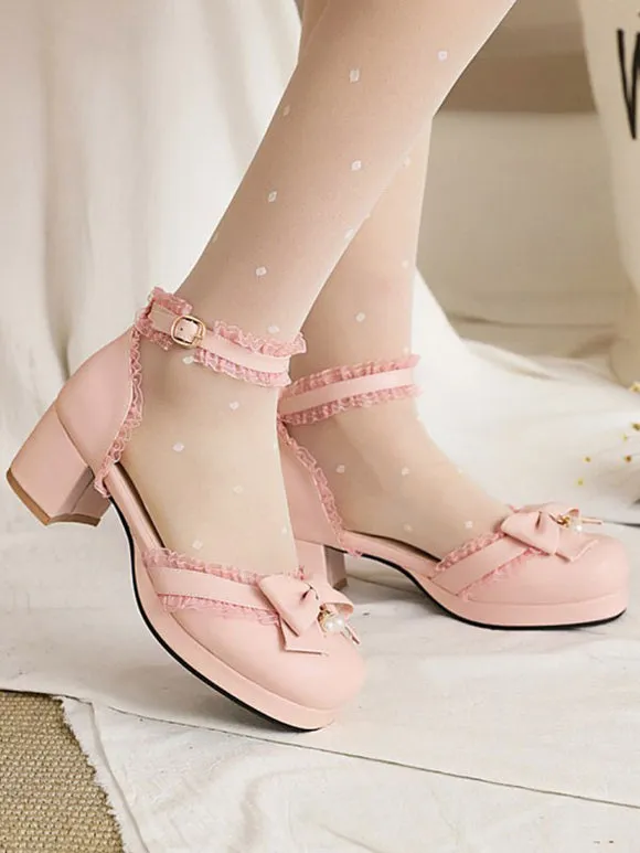 Sweet Lolita Sandals Round Toe Chunky Heel PU Leather Pink Lolita Summer Ankle Strap Heels