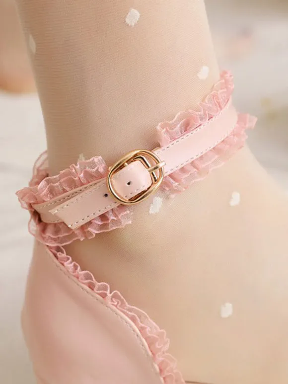 Sweet Lolita Sandals Round Toe Chunky Heel PU Leather Pink Lolita Summer Ankle Strap Heels