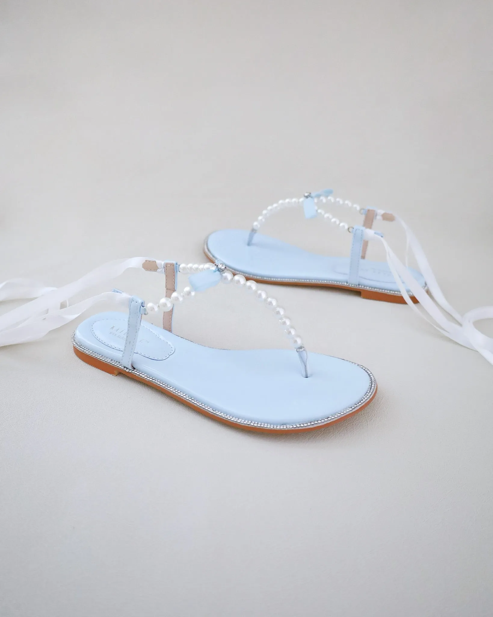 T-Strap Pearls Wedding Flat Sandals with Satin Ankle Strap
