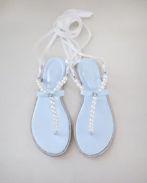T-Strap Pearls Wedding Flat Sandals with Satin Ankle Strap