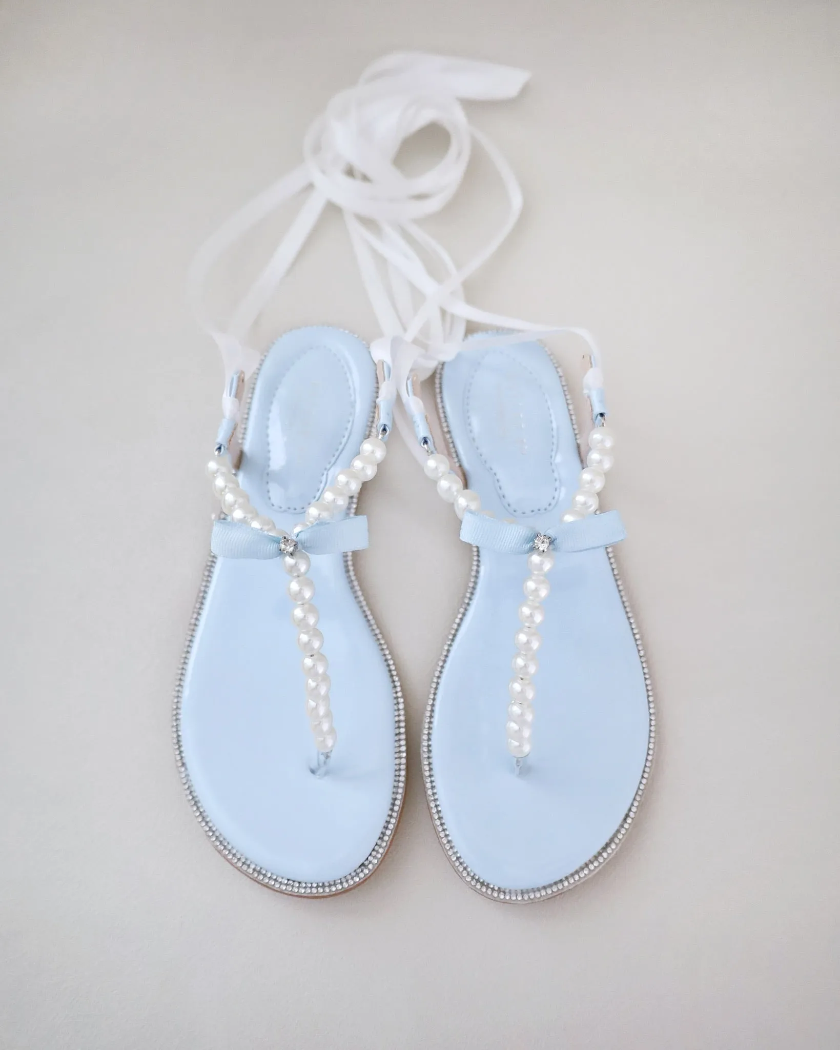T-Strap Pearls Wedding Flat Sandals with Satin Ankle Strap