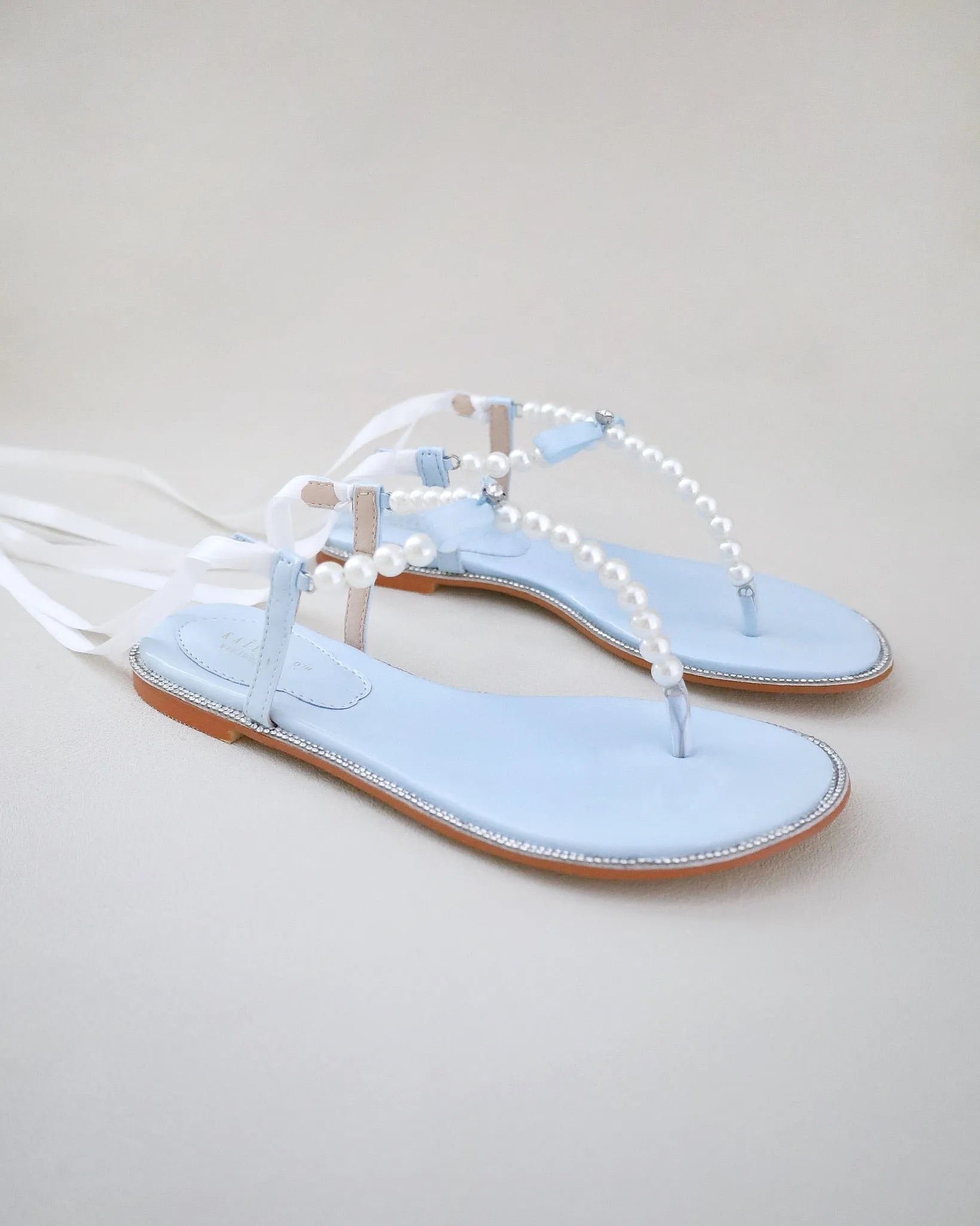 T-Strap Pearls Wedding Flat Sandals with Satin Ankle Strap