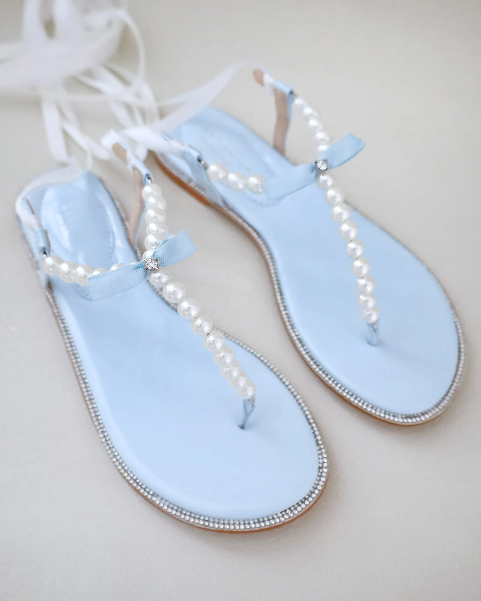 T-Strap Pearls Wedding Flat Sandals with Satin Ankle Strap