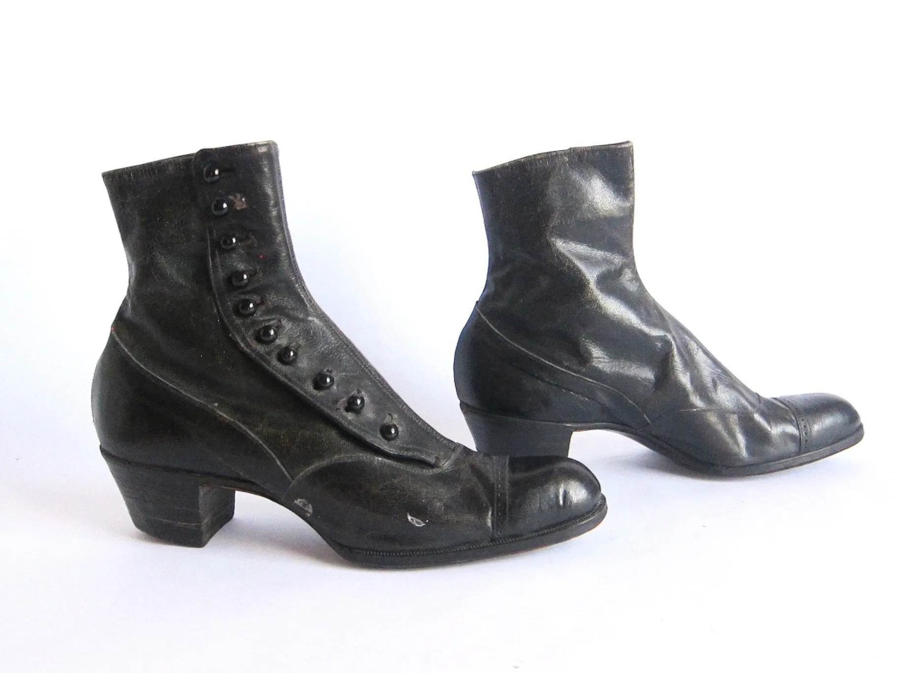 Victorian Black Leather Button Womens Boots - Size 6 / 6.5