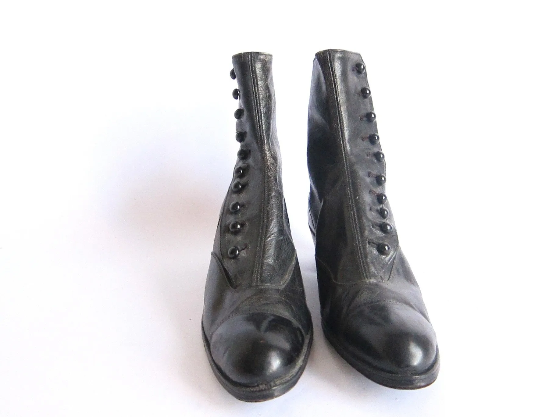 Victorian Black Leather Button Womens Boots - Size 6 / 6.5
