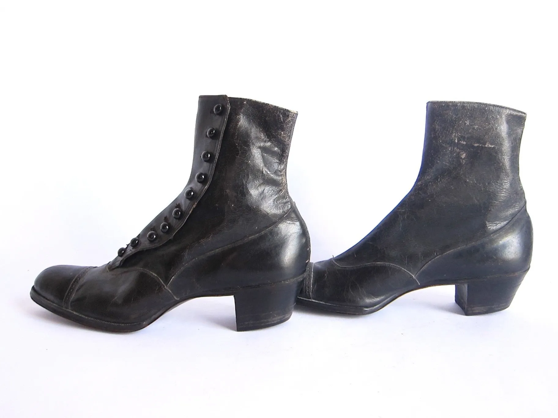 Victorian Black Leather Button Womens Boots - Size 6 / 6.5