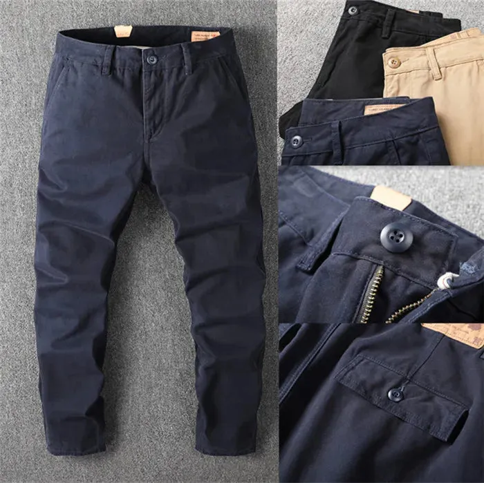 Washed Old Retro Woven Cargo Pants - Men's Fashion Loose Straight Chino Trousers in 100% Cotton
