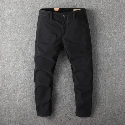 Washed Old Retro Woven Cargo Pants - Men's Fashion Loose Straight Chino Trousers in 100% Cotton