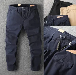 Washed Old Retro Woven Cargo Pants - Men's Fashion Loose Straight Chino Trousers in 100% Cotton