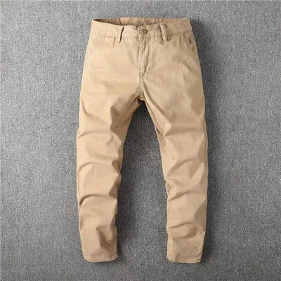 Washed Old Retro Woven Cargo Pants - Men's Fashion Loose Straight Chino Trousers in 100% Cotton
