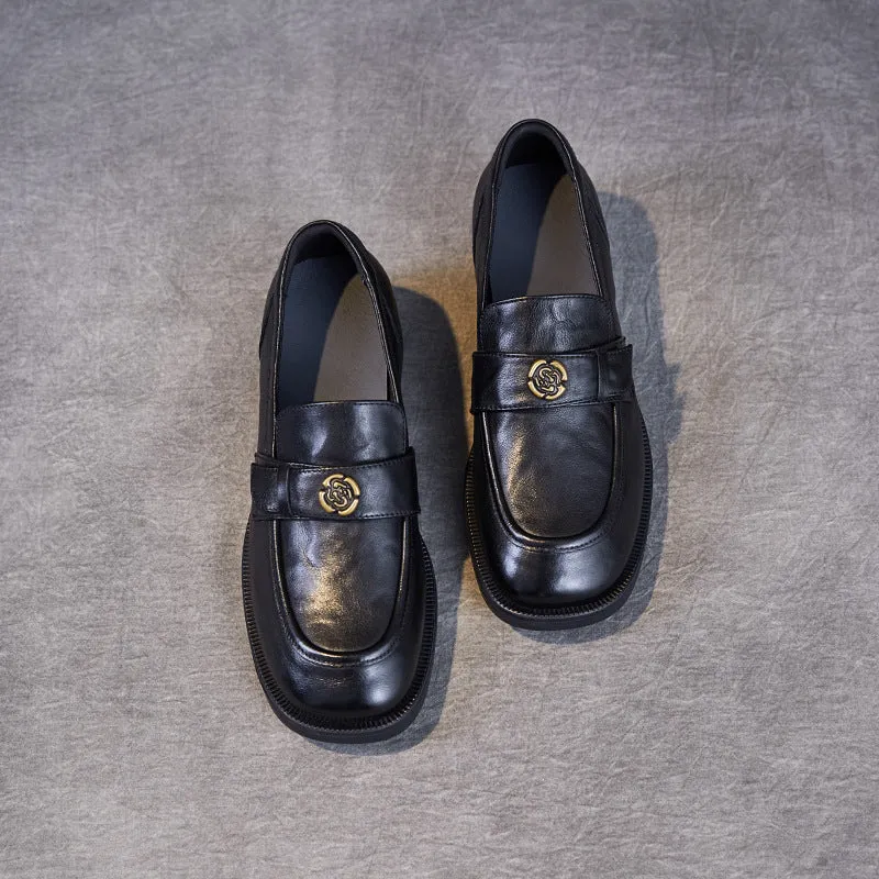 Women Vintage Solid Leather Work Loafers