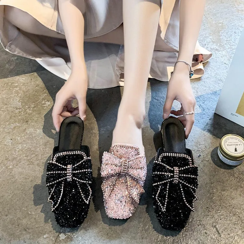 Womens Flats Shoes Mules Slippers Bling Rhinestone Butterfly